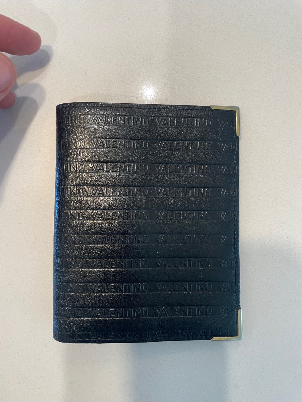 Valentino Black Embossed Leather Card & Key Holder with Gold Corners